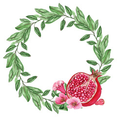 Watercolor wreath with pomegranate for wedding cards, romantic prints, fabrics, textiles and scrapbooking. - 336517299
