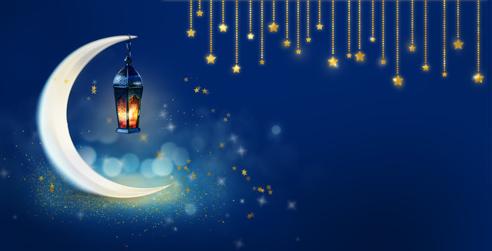 Ramadan Kareem background banner. Islamic Greeting Cards for Muslim Holidays and Ramadan. Blue banner with moon, gold stars and lantern.