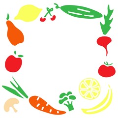 Hand drawn icon set. Pear cherry broccoli tomato carrot cucumber apple beet lemon banana mushroom. Frame of vegetables and fruits