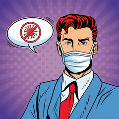 businessman using face mask and stop covid19 message pop art style