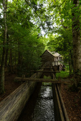 Water wheel and old mill in the woods.  Cades Cove, Smoky Mountains National Park, Tennessee