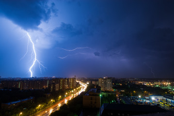 Powerful lightning discharge over the outskirts district of Moscow