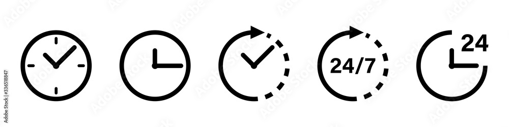 Poster clock time vector icons isolated on white background. time alarm clock collection icons. set of cloc