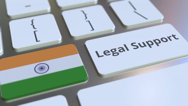 Legal Support text and flag of India on the computer keyboard. Online legal service related 3D animation
