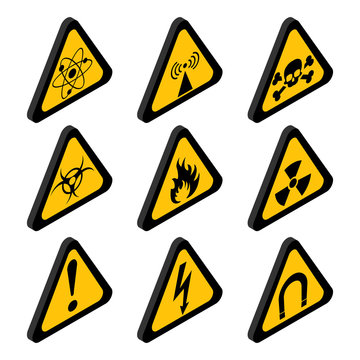 Isometric danger and toxic sign in yellow triangle set. hazard warning icons vector illustration EPS