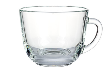 Empty transparent glass cup with round handle isolated on white background