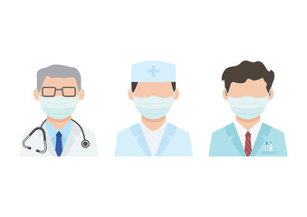 Disinfection of doctors. Face masks, medical workers. Virus protection. Vector illustration