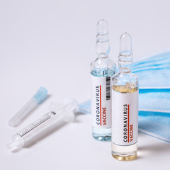 Concept of vaccination and medicine infectious: Syringe with injection vaccine and medicine plastic disposable vaccination equipment. Cure for flu virus Covid-19 coronavirus pandemic infectious 2019-n