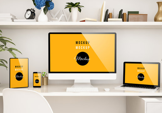 Work from Home Desk White with Different Devices Mockup