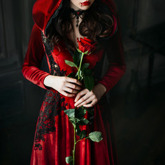 Portrait closeup silhouette gothic sexy mystical vampire woman. Luxury long dress, hood. Vintage...