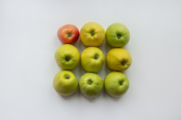 nine apples in the center of the frame on a white background, one apple - not like everyone else, conceptual photo
