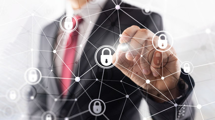 Cyber security, information privacy, data protection concept on modern server room background....