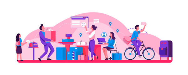People working at post office flat vector illustration. Shipping and delivery service concept. Mail and parcels delivery cycle. Work process inside view.
