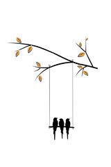 Autumn branch illustration three birds on a swing, vector. Branch isolated on white background. Minimalist art design. Scandinavian poster design. Wall art, artwork, wall decals