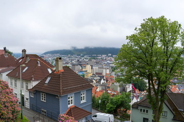 Fototapeta na wymiar Bergen / Norway - June, 2019: View of street and authentic houses of Bergen.