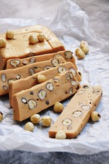 Homemade hazelnut fudge on the light background