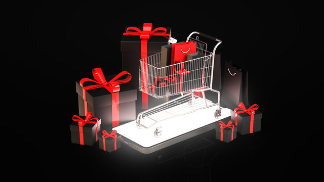 3D illustratuion, Gifts is placed in the basket. online shopping