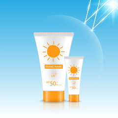 Sunblock product design mockup, cosmetic advertisement design, vector illustration