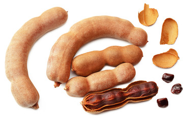 fresh tamarind fruits isolated on white background. top view