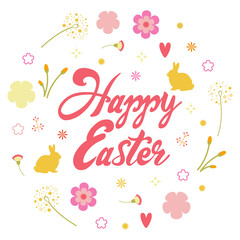 Happy Easter greeting card template. Creative poster with flowers and rabbits