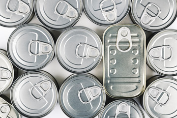 Top view of a lot of canned food stored at home for use, for example, in times of quarantine by...