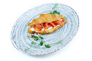 fresh sandwich with salmon vegetables on a plate on a white background