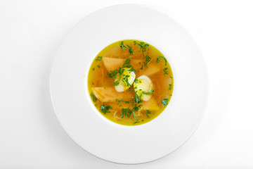 soup with meat broth isolation on a white background