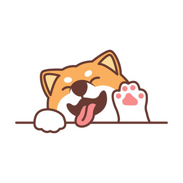 Cute shiba inu dog waving paw cartoon, vector illustration