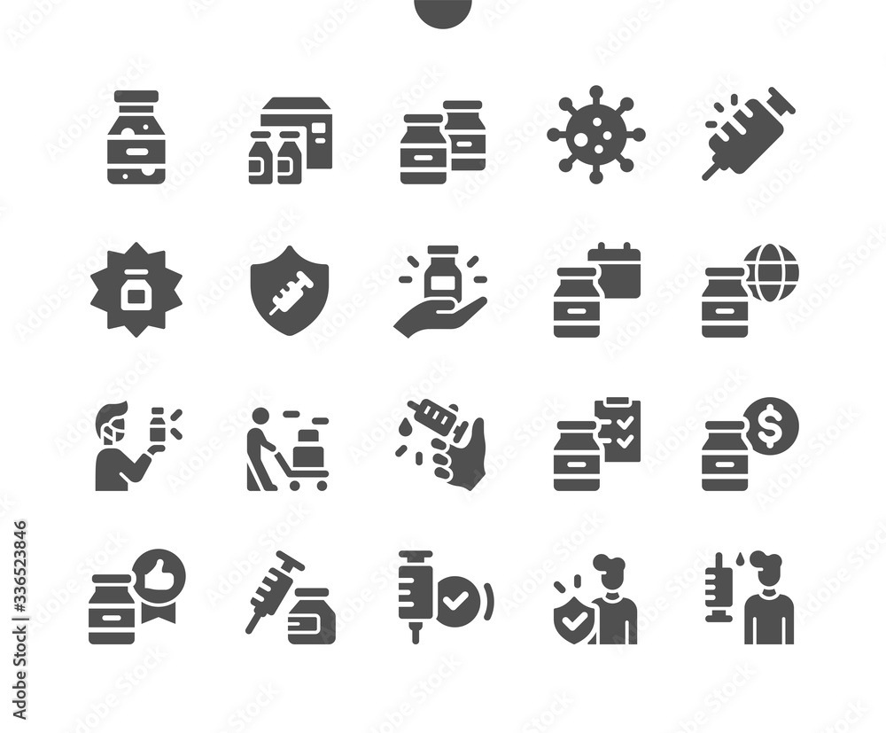 Aufkleber coronavirus vaccine well-crafted pixel perfect vector solid icons 30 2x grid for web graphics and ap