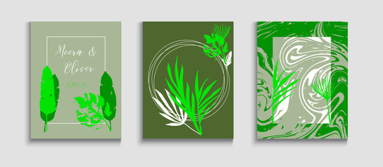 Abstract Asian Vector Flyers Set. Simple Olive Leaves Magazine Design. 