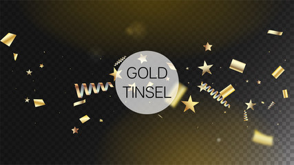 Modern Tinsel Confetti Isolated, Golden Celebration Foil. Horizontal Fairy Stardust Background. Cool Rich VIP Christmas, New Year, Birthday Party Holiday Texture. Golden Tinsel Confetti Isolated