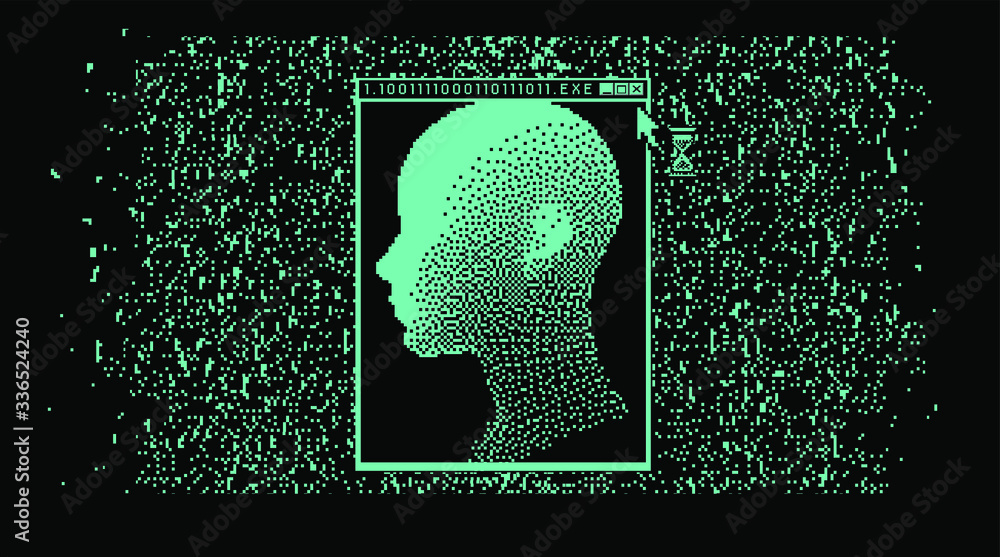 Aufkleber cyberpunk futuristic collage with glitch art artifacts and wireframe of a human head. retrofuturisti