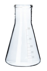 Laboratory glassware for liquids on white background, close up