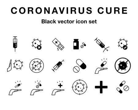 Coronavirus cure treatment and vaccine - vector black icon set 15 icons