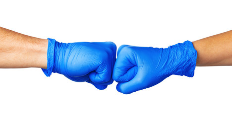 Handshake in a blue gloves, help concept.