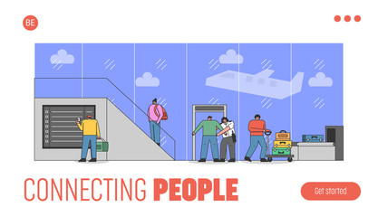 Website Landing Page. People In Airport Go Through Security Measures Procedures. Characters Have Security Screening, Check-in, Carry Luggage. Web Page Cartoon Linear Outline Flat Vector Illustration