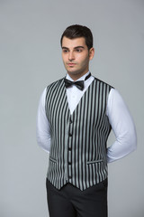 2020 Clothes, Waiter for concept design. White background isolated. Customer service. Handsome young man isolated. Service concept.