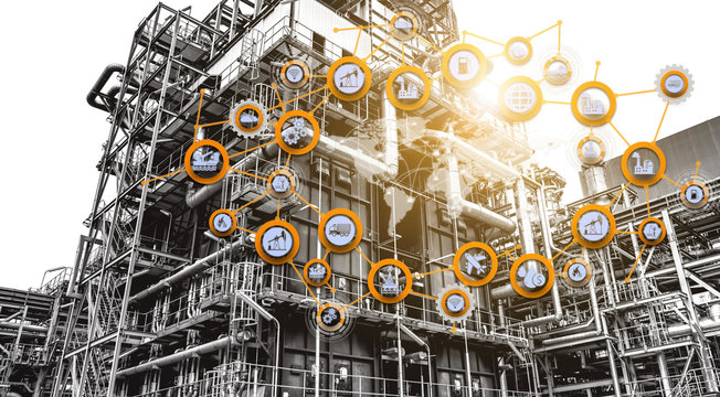 Industry 4.0 Oil refinery and double exposure icon concepts, networking and data exchange and modern technology for the world industrail.