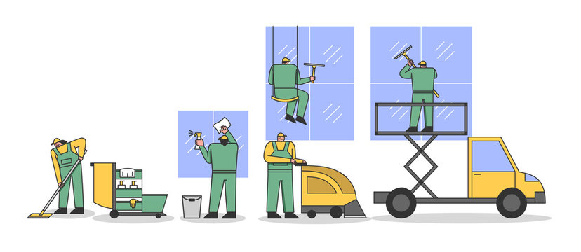 Men And Women In Uniform With Professional Equipment For Cleaning Service. Workers Are Cleaning Rooms And Windows, Using High Working Truck Platform. Cartoon Linear Outline Flat Vector Illustration