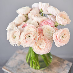 Spring background, flower Wallpaper. Persian buttercup. Bunch pink ranunculus flowers on light gray background. Vase on vintage wooden table. Wallpaper