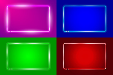 Four glowing rounded rectangular neon frames, pink, blue, green and red backgrounds. Realistic vector illustration