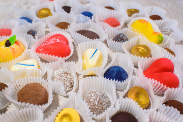 A lot of delicious multi-colored sweets. Close-up.