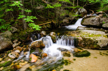 Naklejka na ściany i meble Placid mountain stream flowing over rocks with a hint of foliage