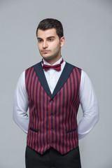 2020 Clothes, Waiter for concept design. White background isolated. Customer service. Handsome young man isolated. Service concept.