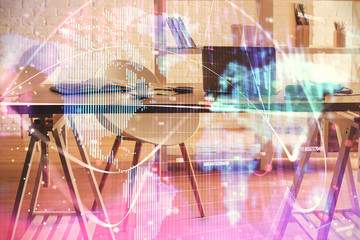 Double exposure of business theme drawing and office interior background. Concept of success