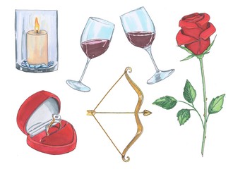Set of romantic elements for lovers, marker style.