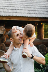 Father and son walking in the Park at sunset. Happiness. Love