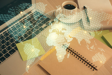 Double exposure of business theme drawing and desktop with coffee and items on table background. Concept of market trading