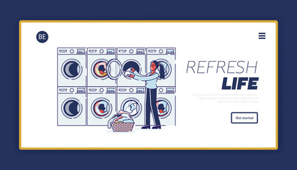Laundry And Dry Cleaning Concept. Website Landing Page. Woman Putting Dirty Clothes Into Washing Machine For Washing In Modern Wash Service. Web Page Cartoon Linear Outline Flat Vector Illustration
