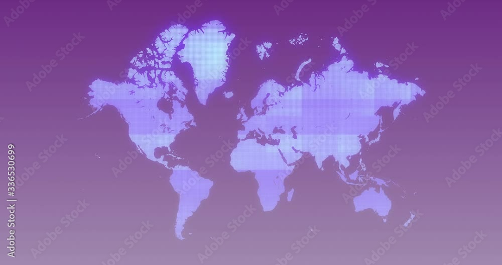 Poster digital world map zoom in on purple background with few digital glitch. technology background and cy